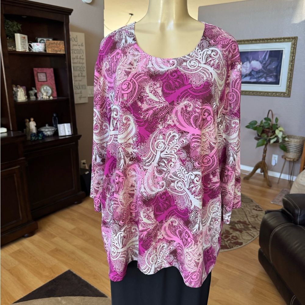 Boutique pink & white paisley long sleeve blouse-size XL